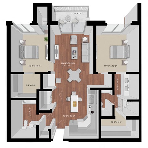 Floor plan for 2 beds, 2 baths, 1187 sqft